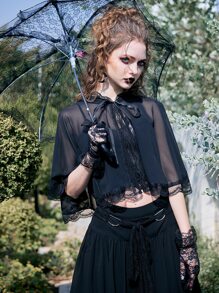 ROMWE Goth Contrast Lace Chiffon Cape Coat - Black - View 1