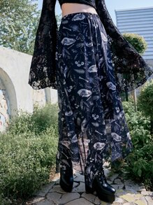 ROMWE Goth Bones & Plants Print Mesh Overlay Skirt - Black and White - View 4