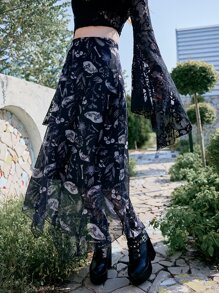 ROMWE Goth Bones & Plants Print Mesh Overlay Skirt - Black and White - View 5