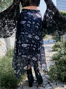 ROMWE Goth Bones & Plants Print Mesh Overlay Skirt - Black and White - View 6