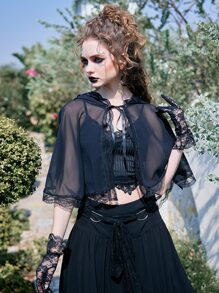 ROMWE Goth Contrast Lace Chiffon Cape Coat - Black - View 2