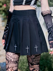ROMWE Cross Embroidery Pleated Skirt Gothic - Black - View 3