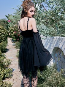 ROMWE Goth Lace Up Mesh Overlay Dress - Black - View 5