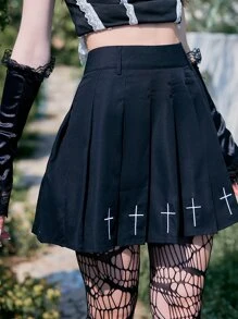 ROMWE Cross Embroidery Pleated Skirt Gothic - Black - View 4