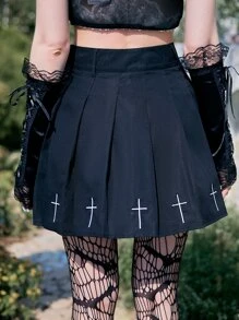 ROMWE Cross Embroidery Pleated Skirt Gothic - Black - View 5