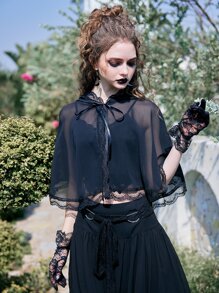 ROMWE Goth Contrast Lace Chiffon Cape Coat - Black - View 4