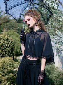 ROMWE Goth Contrast Lace Chiffon Cape Coat - Black - View 5