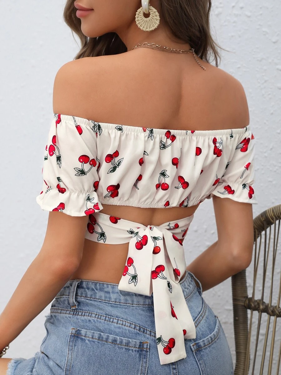 SHEIN VCAY Cherry Print Off Shoulder Tie Back Crop Top - White - View 1