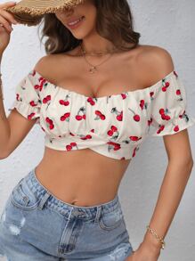 SHEIN VCAY Cherry Print Off Shoulder Tie Back Crop Top - White - View 2