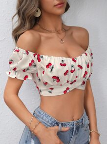 SHEIN VCAY Cherry Print Off Shoulder Tie Back Crop Top - White - View 3
