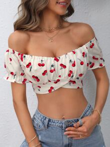 SHEIN VCAY Cherry Print Off Shoulder Tie Back Crop Top - White - View 4