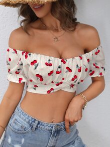 SHEIN VCAY Cherry Print Off Shoulder Tie Back Crop Top - White - View 5