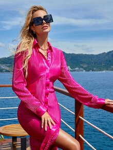 SHEIN VCAY Solid Button Through Shirt Dress Without Belt - Hot Pink - View 3