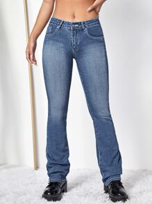 SHEIN ICON 花卉刺繡靴型褲 - 中等水洗藍 - 查看 2