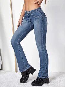 SHEIN ICON 花卉刺繡靴型褲 - 中等水洗藍 - 查看 4