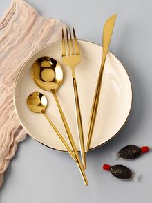 4 piezas Set cubiertos de acero inoxidable - Dorado - Ver 5
