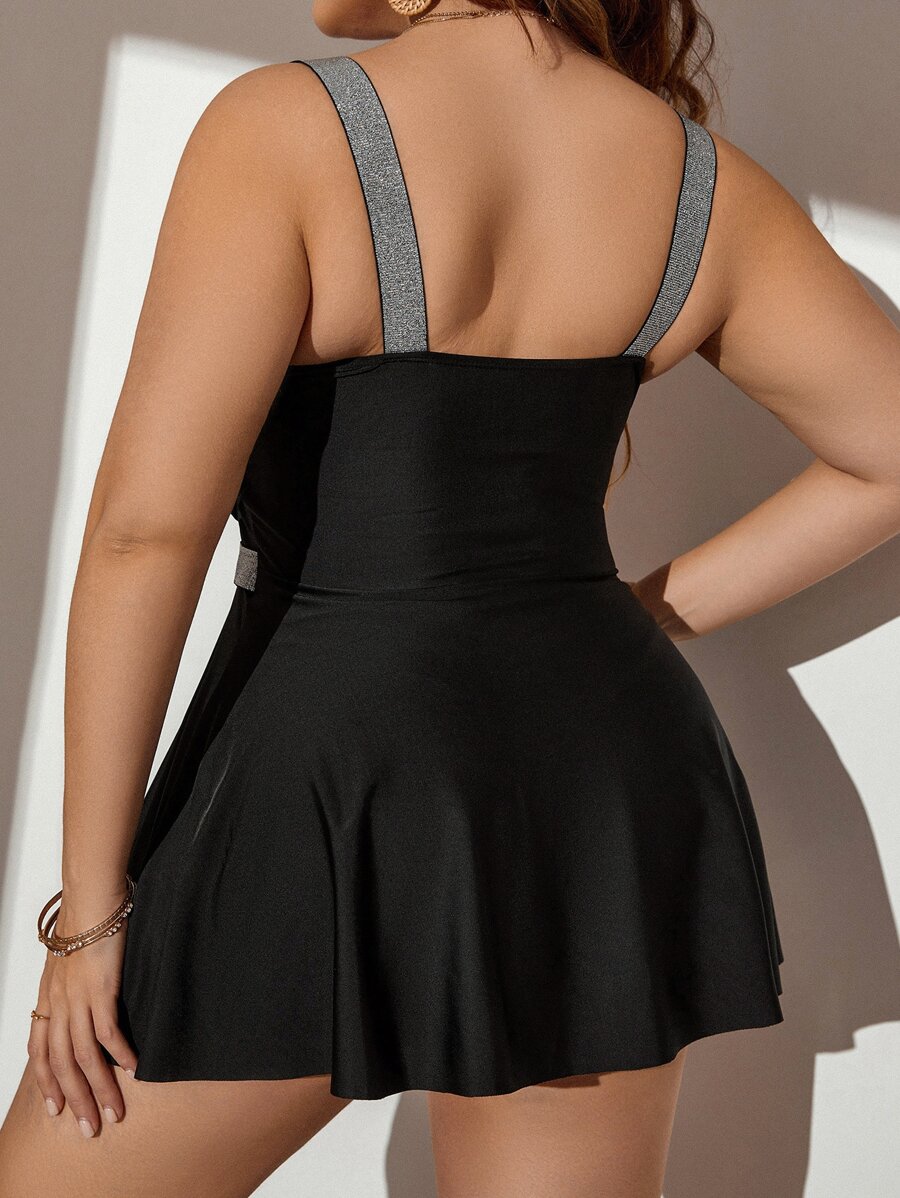 SHEIN Swim Chicsea Plus Glitter Tape Tankini Set Flowy Swim Dress