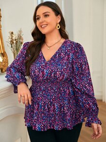 SHEIN Frenchy Plus Allover Print Flounce Sleeve Peplum Blouse - Multicolor - View 5