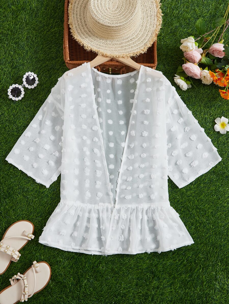 SHEIN Girls Swiss Dot Ruffle Hem Kimono - White - View 1