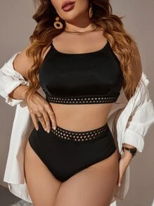 SHEIN Swim Curve Plus Size Hollow Out High Waist Bikini Set Summer Beach - Black - View 1