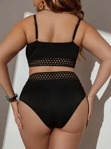 SHEIN Swim Curve Plus Size Hollow Out High Waist Bikini Set Summer Beach - Black - View 2