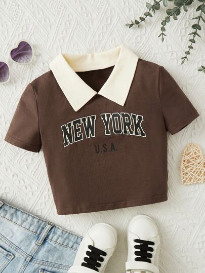 PrepCrw Tween Girl Knit Letter Print Contrast Color Block Round Neck Short Sleeve T-Shirt, Casual Style Suitable For Summer