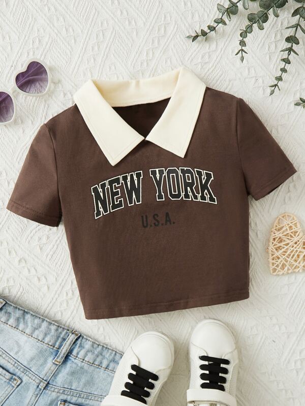 SHEIN Kids EVRYDAY Girls Letter Graphic Contrast Collar Tee SHEIN UK