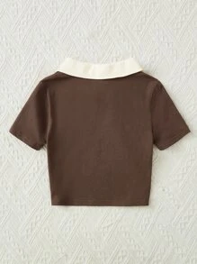 SHEIN Tween Girl Knit Letter Print Contrast Color Block Round Neck Short Sleeve T-Shirt, Casual Style Suitable For Summer