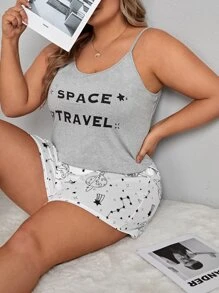 Plus Letter Graphic Cami Top & Galaxy Print Shorts PJ Set - Multicolor - View 1