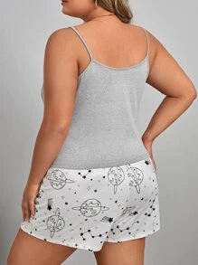 Plus Letter Graphic Cami Top & Galaxy Print Shorts PJ Set - Multicolor - View 2