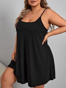 Camisola de pijama con camiseta de tirantes en color sólido talla grande - Negro - Ver 1