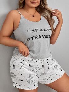 Plus Letter Graphic Cami Top & Galaxy Print Shorts PJ Set - Multicolor - View 5
