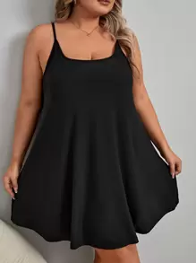 Camisola de pijama con camiseta de tirantes en color sólido talla grande - Negro - Ver 5