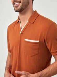 Manfinity Áo thun có cổ Nam Túi Khối Màu Giải trí - Màu Cam cháy - Xem 2