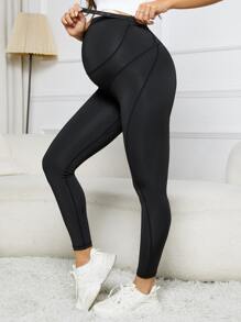 SHEIN Maternity Top-stitching Adjustable Waist Leggings - Black - View 1