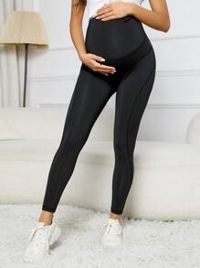 SHEIN Maternity Top-stitching Adjustable Waist Leggings - Black - View 4