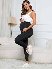 SHEIN Maternity Top-stitching Adjustable Waist Leggings - Black - View 5