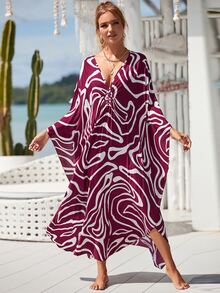 Graphic Print Batwing Sleeve Split Hem Cover Up - Purple - View 5