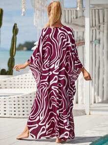 Graphic Print Batwing Sleeve Split Hem Cover Up - Purple - View 3