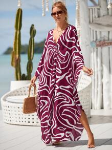 Graphic Print Batwing Sleeve Split Hem Cover Up - Purple - View 2