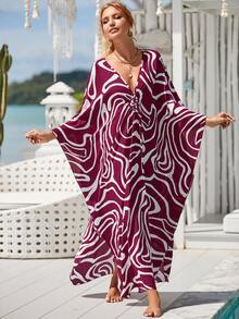 Graphic Print Batwing Sleeve Split Hem Cover Up - Purple - View 6
