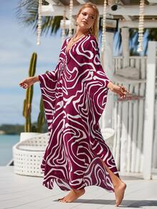 Graphic Print Batwing Sleeve Split Hem Cover Up - Purple - View 7