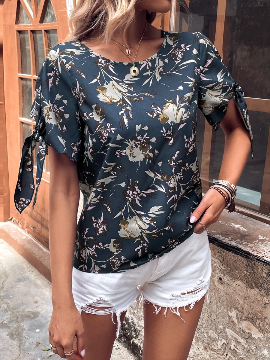 SHEIN LUNE 印花打結袖口襯衫 - 藏蓝色 - 查看 1