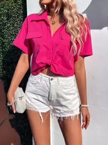 SHEIN LUNE Áo sơ mi nữ Túi Nút phía trước màu trơn Giải trí - Màu Hồng Tươi - Xem 3