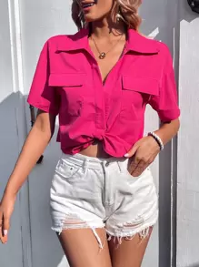 SHEIN LUNE Áo sơ mi nữ Túi Nút phía trước màu trơn Giải trí - Màu Hồng Tươi - Xem 5