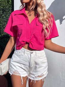 SHEIN LUNE Áo sơ mi nữ Túi Nút phía trước màu trơn Giải trí - Màu Hồng Tươi - Xem 7