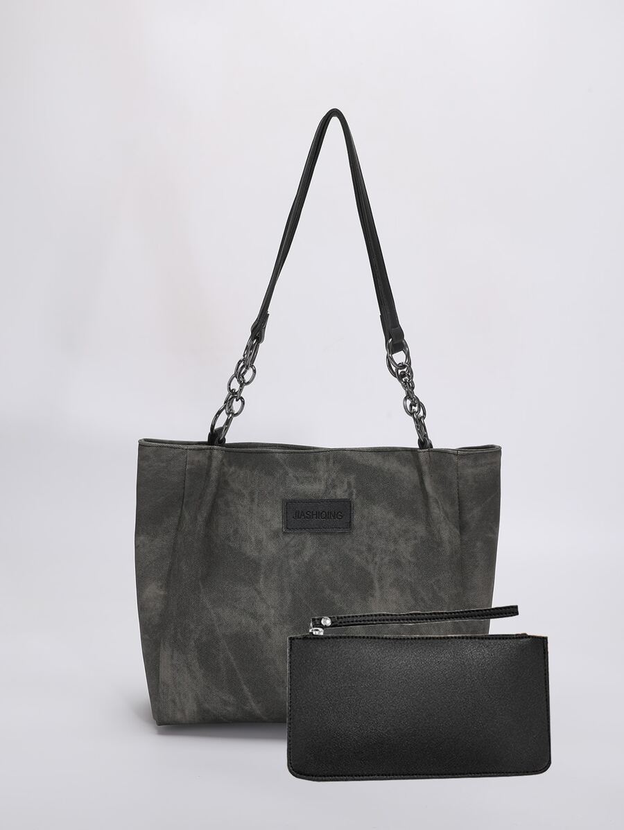 Letter Patch Decor Shoulder Tote Bag With Square Bag - Multicolor - View 1