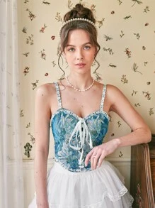 SHEIN MOD Top de tirantes con estampado floral ribete con encaje con cordón delantero - Multicolor - Ver 2