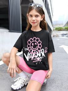 SHEIN 女孩花卉和字母圖案落肩T恤和騎行褲 - 粉色 - 查看 2