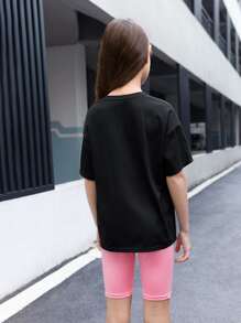 SHEIN 女孩花卉和字母圖案落肩T恤和騎行褲 - 粉色 - 查看 3